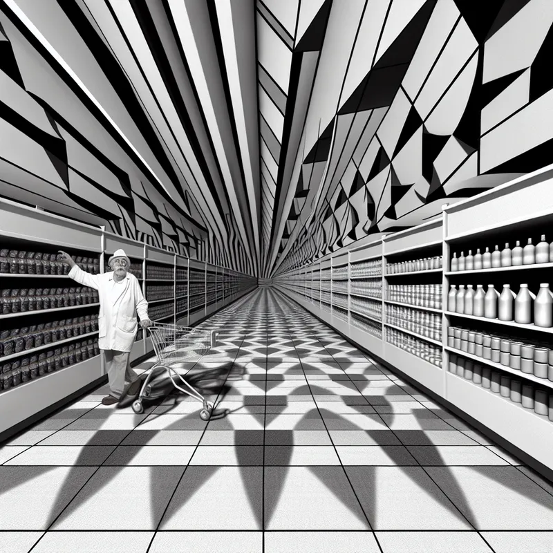 Surrealistische voorstelling van een ouder iemand die door een supermarkt loopt die verandert in een onmogelijke trap, geïnspireerd op M.C. Escher