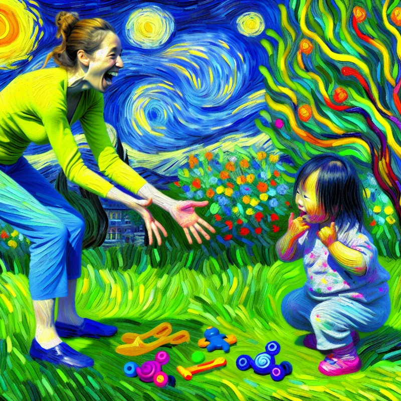 Een ouder roept vrolijk naar een klein kind in een zonnig park, met kleurrijke speeltjes op het gras.