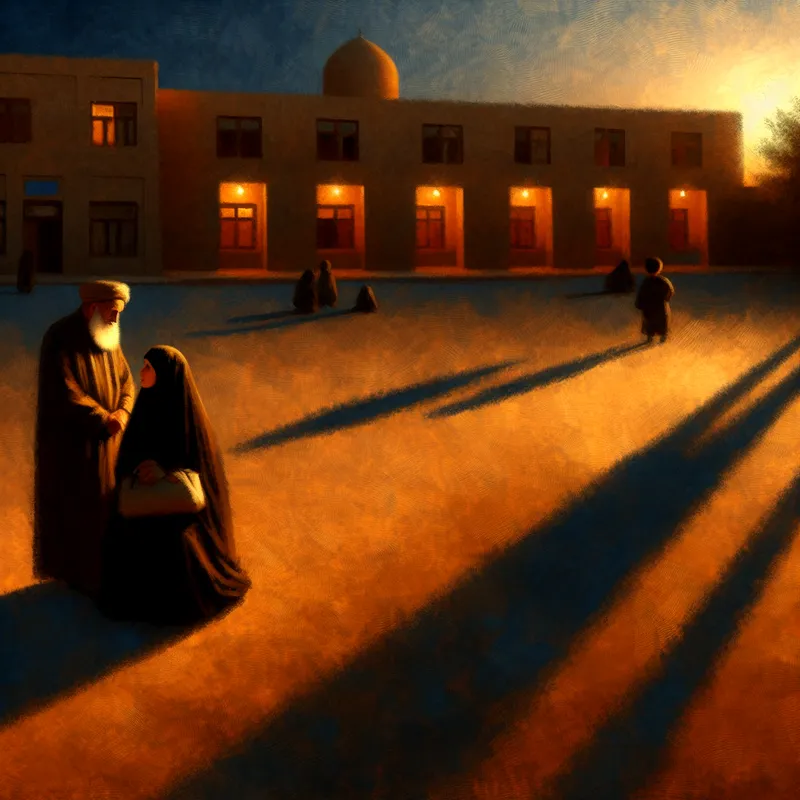 Een ouder wacht in een schaduwrijke schoolomgeving op hun dochter terwijl de zon ondergaat, met een verwachtingsvolle uitstraling.