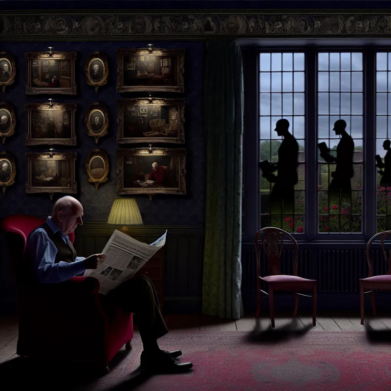 Oudere man die ontspannen een krant leest in een gezellige, sfeervolle kamer met gothische kunst en foto's van vrienden en familie aan de muren.