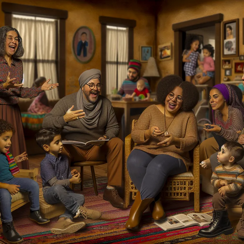 Een moeder deelt haar ervaringen met een diverse groep ouders in een gezellige, warm verlichte woonkamer, terwijl kinderen om hen heen spelen.