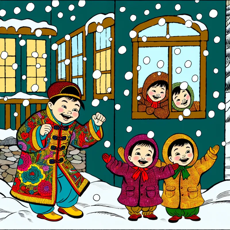 Een ouder kleedt snel twee blije kinderen in kleurrijke winterjassen en hoeden terwijl ze zich voorbereiden om buiten te spelen in de sneeuw.