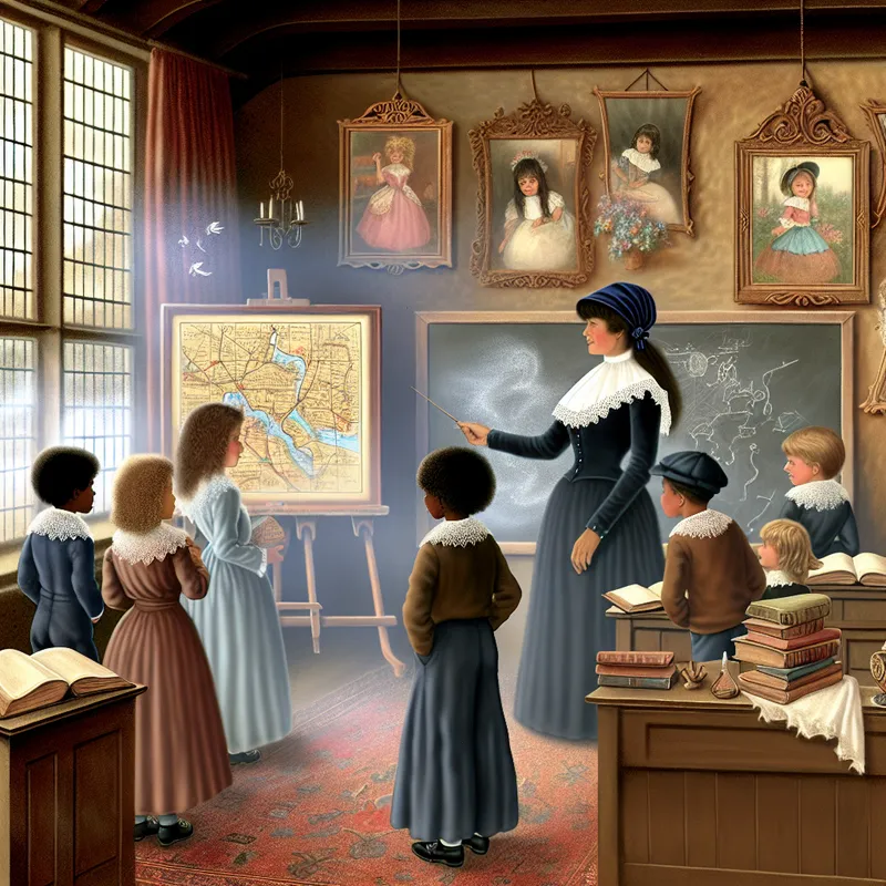 Een lerares in een ouderwetse klaslokaal wijst op een krijtbord terwijl leerlingen nieuwsgierig toekijken, met boeken en kaarten om zich heen.