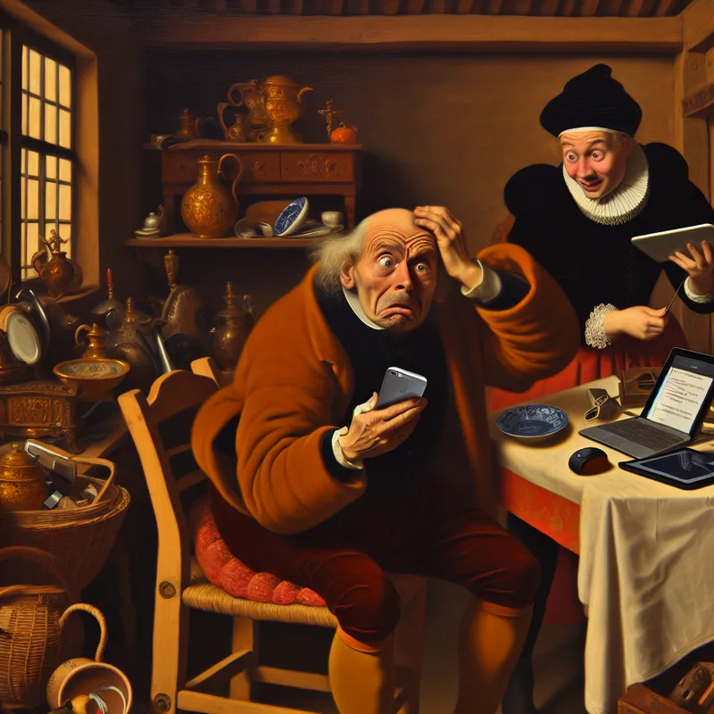 Oudere man kijkt verward naar moderne apparaten zoals een smartphone en laptop, terwijl een jongere persoon hulp aanbiedt in een chaotische huiskamer in de stijl van Jan Steen