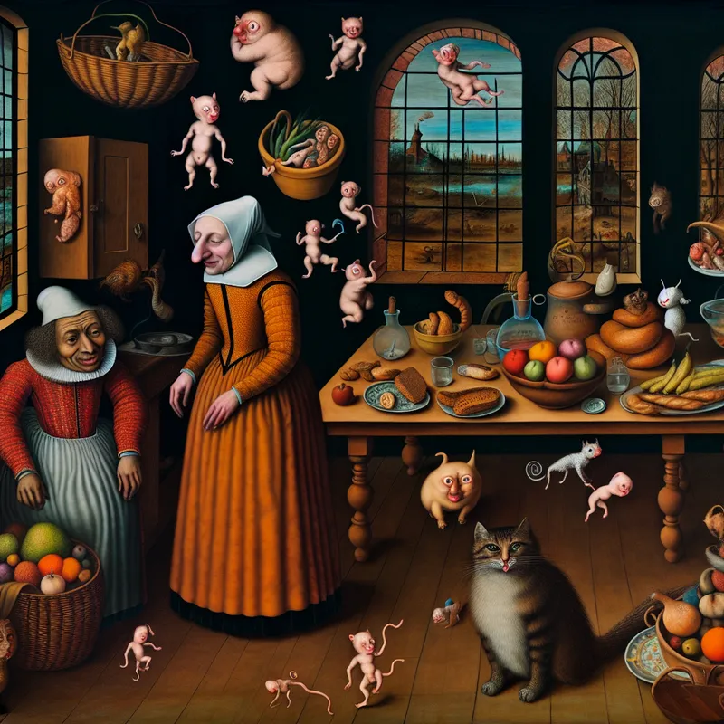 Surrealistisch tafereel in de stijl van Jheronimus Bosch van een vrouw in 15e-eeuwse kleding die liefdevol naar haar partner wijst in een fantasierijke keuken vol bizarre wezens en dromerig eten