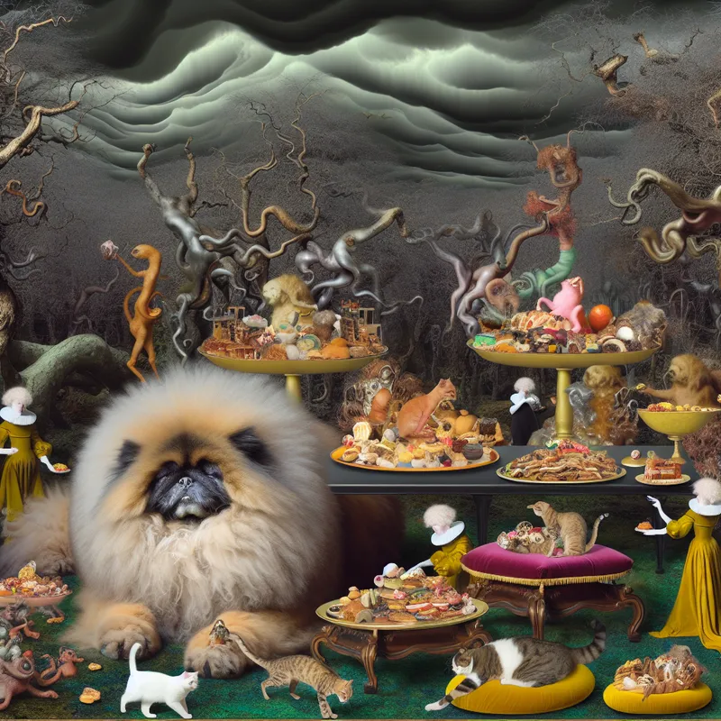 Een groot, fluffy huisdier zit aan een weelderig feestmaal in een surrealistische tuin, omringd door vreemde dieren en luxe traktaties.
