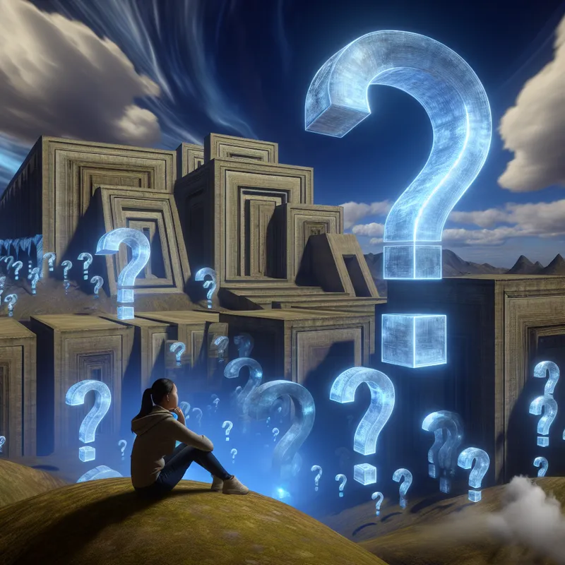 Een alleenstaande vrouw zit op een groot, strak architecturaal gebouw en denkt diep na, omringd door surrealistische elementen en enorme vraagtekens in de lucht.