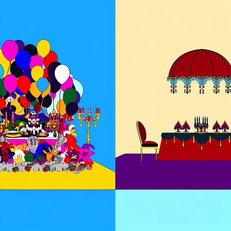 Een kleurrijke, minimalistische feestscene die de overdaad in mode illustreert, met vergrote versieringen en een hoek van eenvoud.