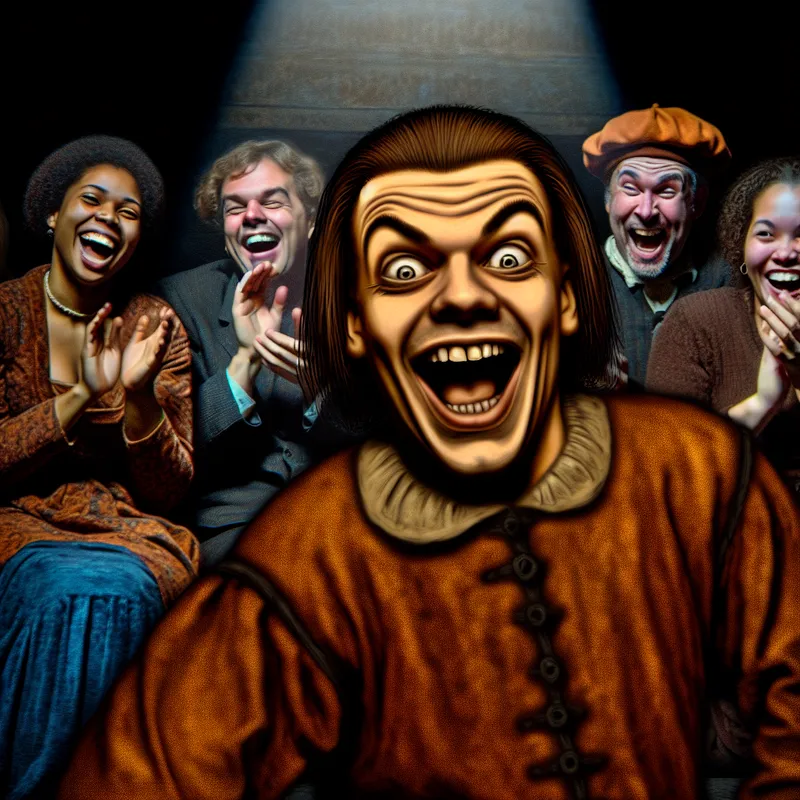 Een komische acteur op het podium met een overdreven gezichtsuitdrukking en lachende publiek.