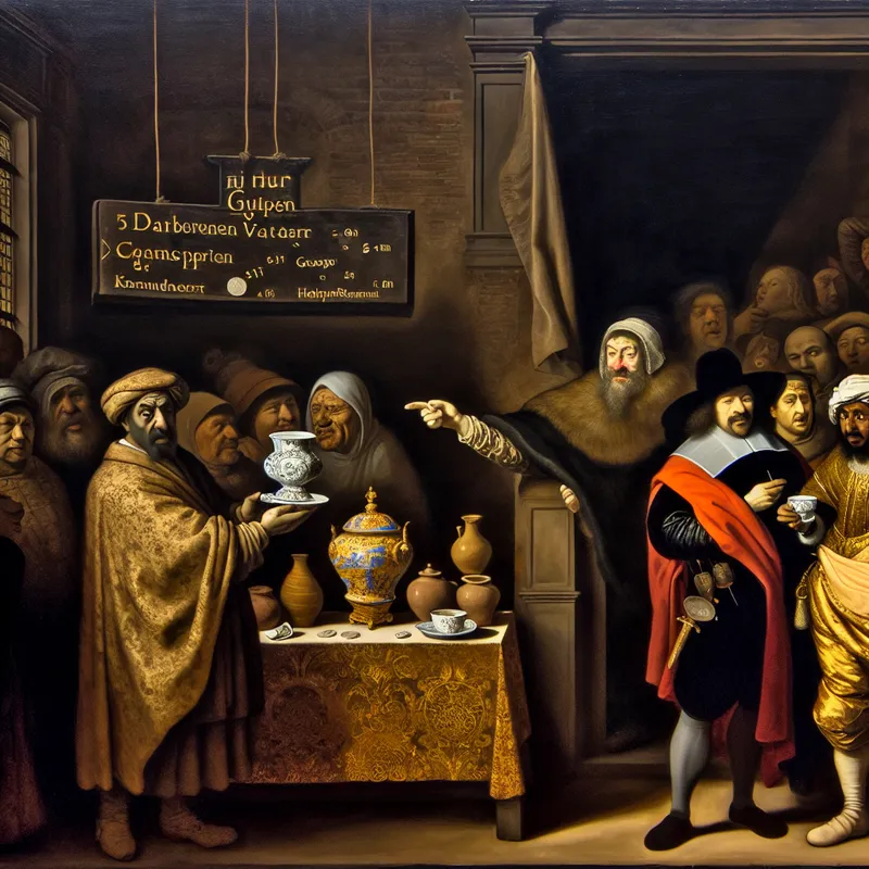 17e-eeuwse Nederlandse marktscène met een verontwaardigde klant die een minuscuul kopje koffie vasthoudt voor 5 gulden, geschilderd in Rembrandt-stijl met dramatisch clair-obscur