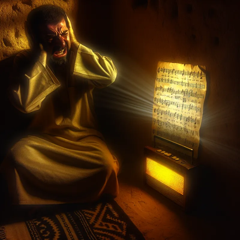 Persoon bedekt oren in donkere kamer met dramatische belichting, overmand door overdreven sentimentele muziek van oude radio