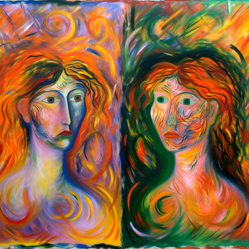 Abstract expressionistisch schilderij van twee figuren die op elkaar lijken in karakter, met warme kleuren en dynamische penseelstreken