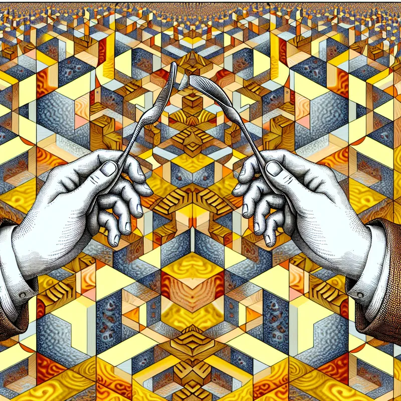Twee gespiegelde handen voeren identieke taken uit in een surrealistische M.C. Escher-stijl, omringd door geometrische patronen en optische illusies die het concept 'overeenkomstig' illustreren