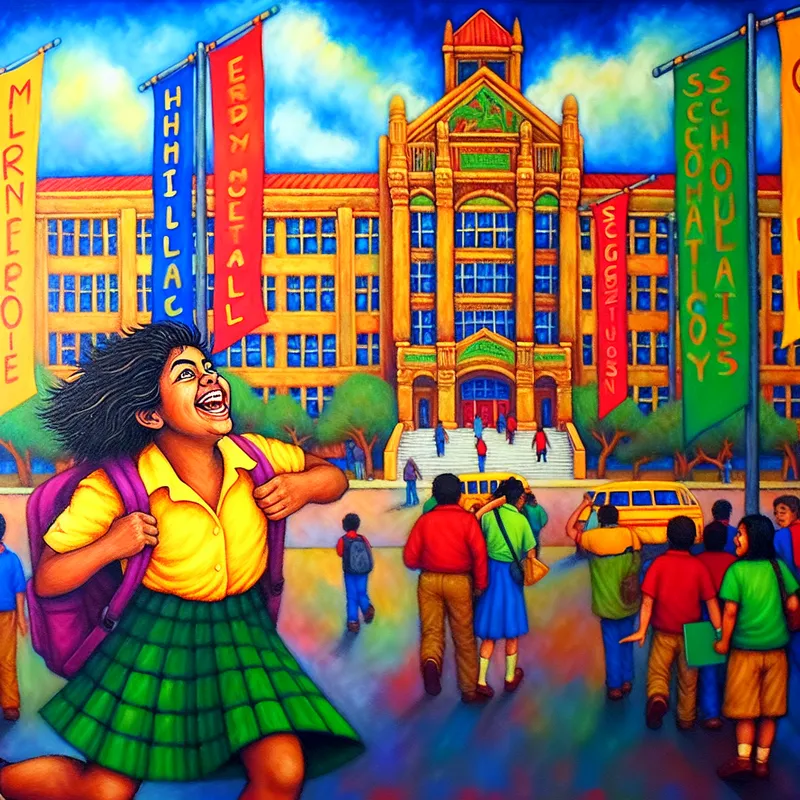 Een blije jonge meisje verlaat haar kleurrijke basisschool met een rugzak, terwijl ze naar de hoge school achter haar kijkt, omringd door diverse medeleerlingen.
