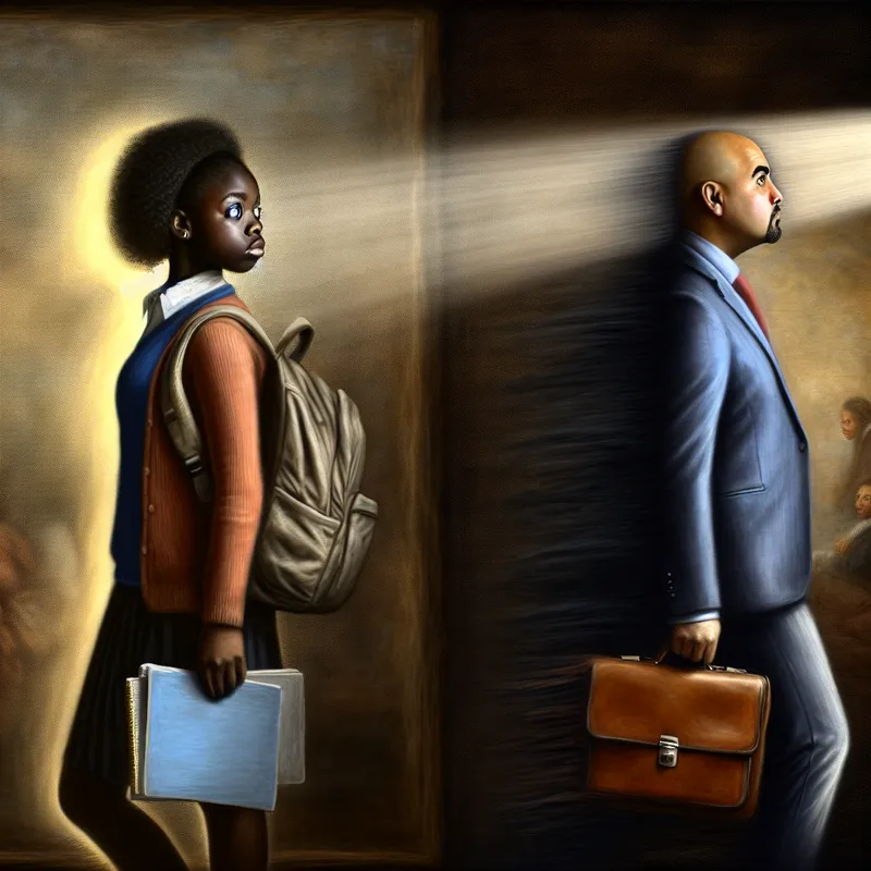 Een jongere student staat op een kruispunt, met een rugzak en boeken aan de ene kant en een zelfverzekerde professional aan de andere kant, verbonden door een stroom van licht.