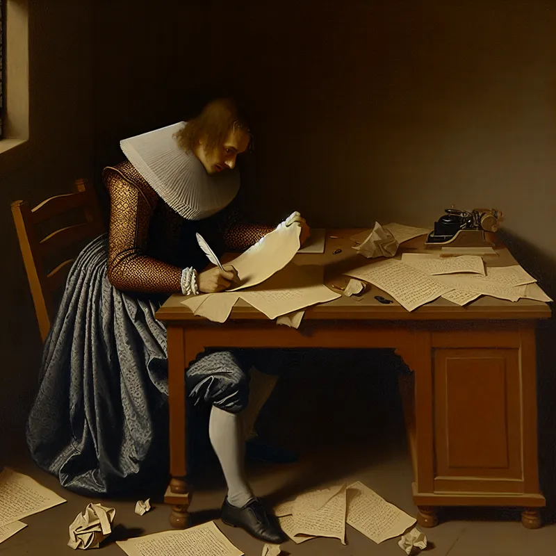 Jonge geleerde in 17e-eeuwse studeerkamer die overhaast een examen maakt met inktvlekken en verfrommelde papieren op de vloer