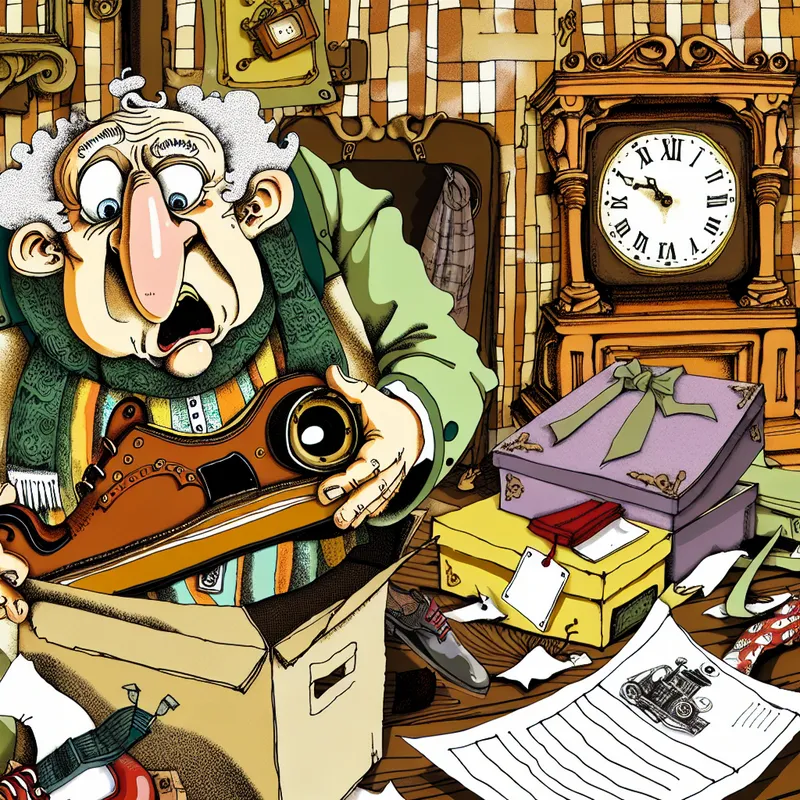 Cartoonfiguur met spijtige gezichtsuitdrukking houdt een groot, onpraktisch aankoopartikel vast, omringd door handleidingen en bonnetjes in een rommelige kamer, symbool voor overhaaste beslissingen