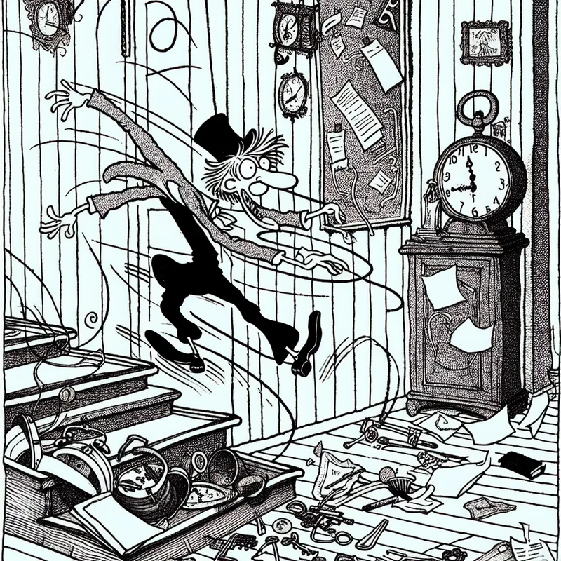 Cartoonachtige scène van een gehaaste persoon die struikelt over een drempel, met vliegende papieren, sleutels en een half ingepakte tas, terwijl de klok wild ronddraait