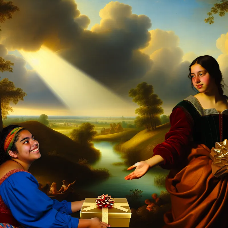 Een jonge vrouw geeft een prachtig ingepakt cadeau aan haar vriend met een serene natuurlijke achtergrond van heuvels en een rivier.