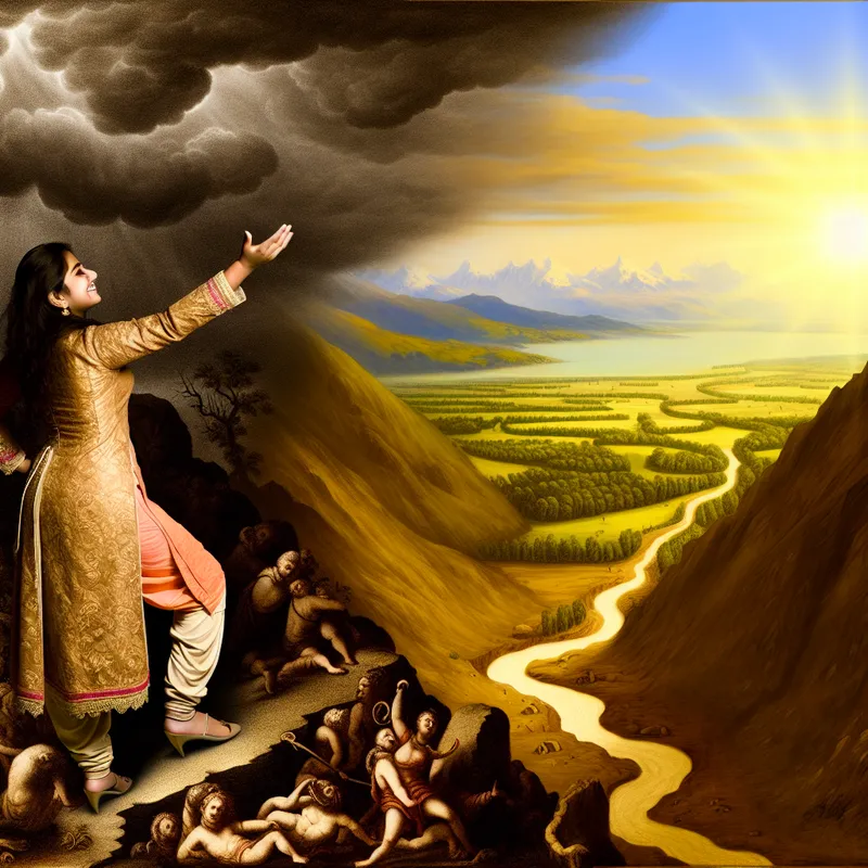 Persoon staat triomfantelijk aan de rand van een zonnig dal na het oversteken van een stormachtige bergpas, symboliserend het overwinnen van moeilijkheden