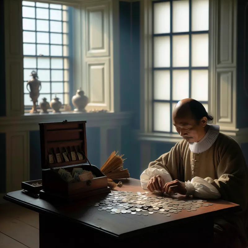 Een overheidsfunctionaris in 17e-eeuwse klederdracht die geconcentreerd belastinggeld telt in een sfeervol verlichte kamer.