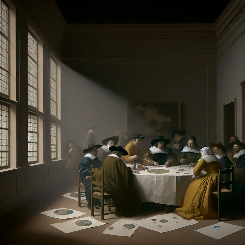 Overheidsvergadering met officials in historische kleding die documenten bespreken