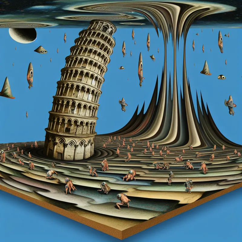 Surrealistische toren die langzaam overhelt, geïnspireerd op de scheve toren van Pisa, met bizarre wezens en een droomachtig landschap in de stijl van Hieronymus Bosch