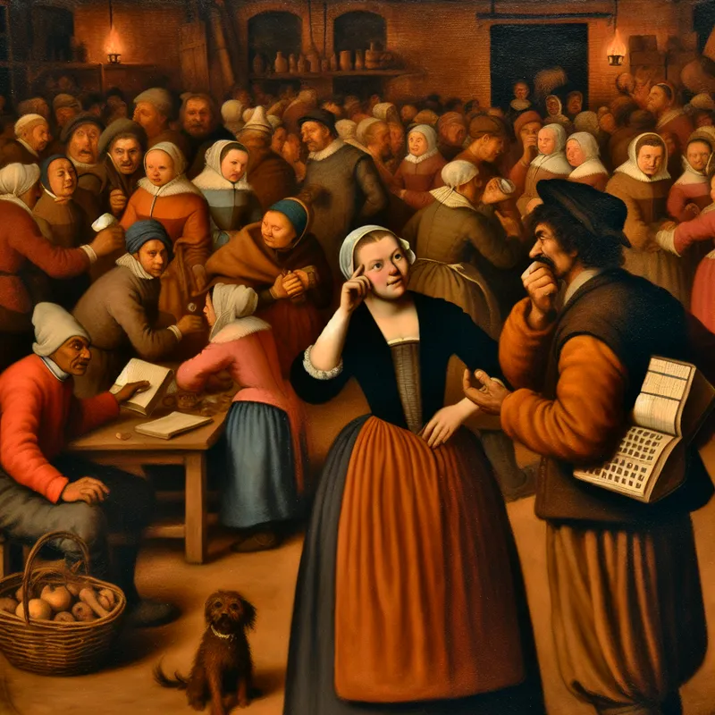 Druk Nederlands huishouden in de stijl van Jan Steen waar een vrouw een betrouwbare man beoordeelt met een grootboek en sleutels, ter illustratie van 'overkomen als'