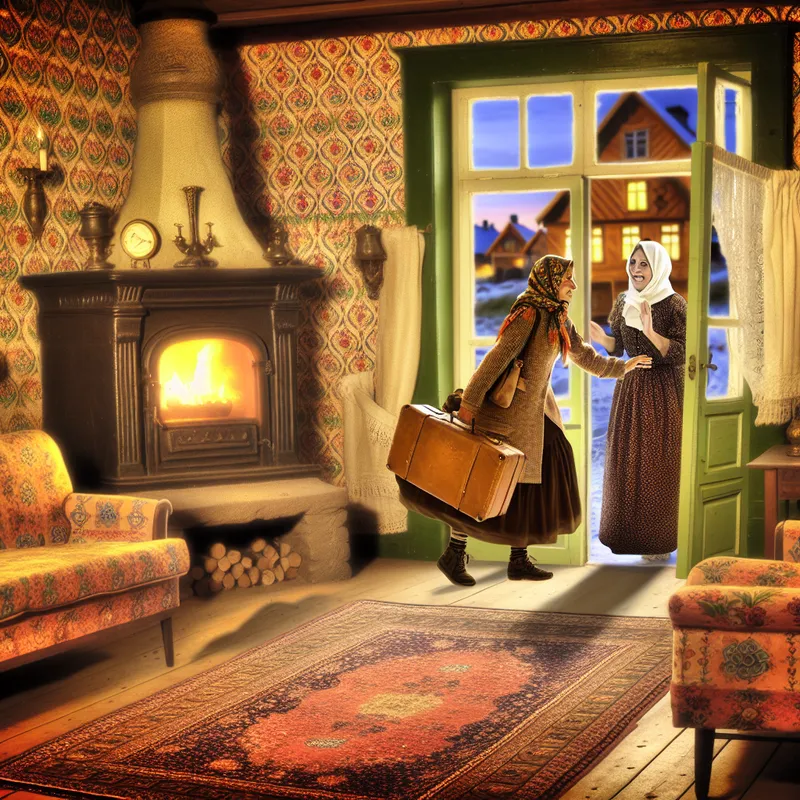 Warm familiebeeld in nostalgische stijl: een bezoeker met koffer wordt hartelijk ontvangen in een sfeervolle woonkamer met open haard en antieke details