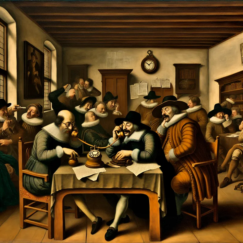 17e-eeuwse Nederlandse genrescène in de stijl van Jan Steen, waarin een professionele figuur formeel telefoneert met een ouderwetse kiesschijftelefoon in een druk kantoor met collega's in overleg