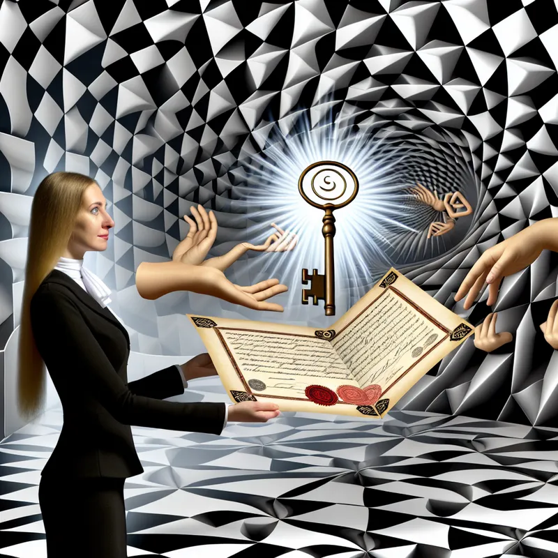 Surrealistische illustratie van een persoon die een officieel document vasthoudt dat transformeert in een driedimensionaal bewijsstuk, zoals een sleutel of embleem, in de stijl van M.C. Escher