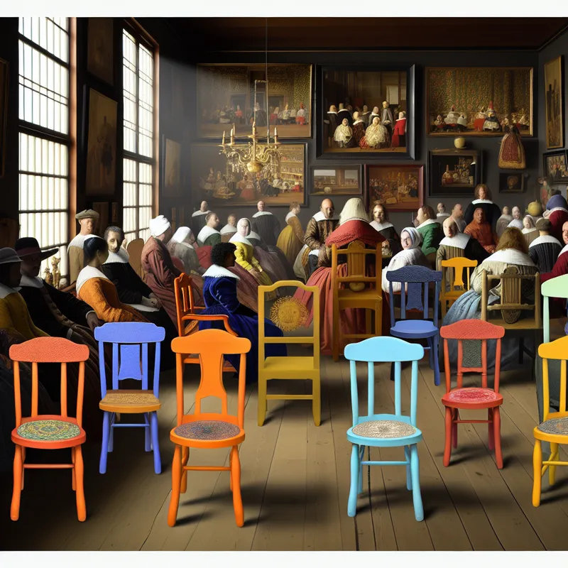 Een serene binnenruimte met een feestelijke bijeenkomst, met een overvloed aan mooi gerangschikte stoelen en zacht inkomend licht.