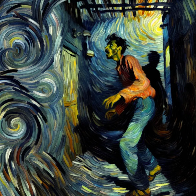 Man loopt angstig een donkere steeg in met dreigende schaduwen, geïnspireerd op Van Gogh, die plotselinge overweldigende angst uitbeeldt