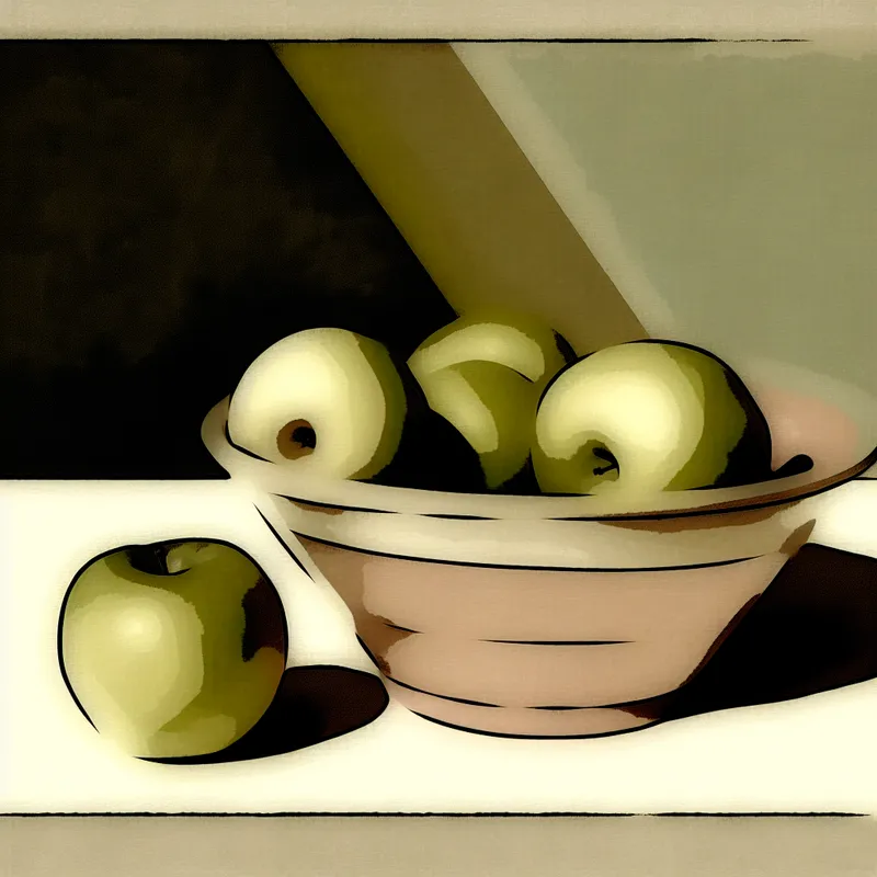 Een schaal met overrijpe, zachte appels in modern retro-futuristische stijl