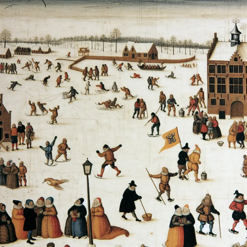 Gedetailleerde wintertafereel van een druk bevroren kanaal waarop iemand overstapt van de ene groep naar de andere, symbolisch voor het wisselen van aanbieder of werkgever