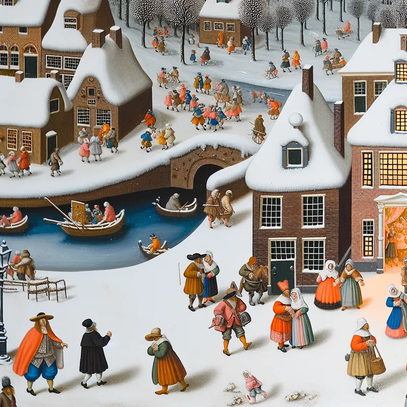 17e-eeuwse Nederlandse winterscène met schoolkinderen en volwassenen die van school of omgeving veranderen, geschilderd in de stijl van Hendrick Avercamp