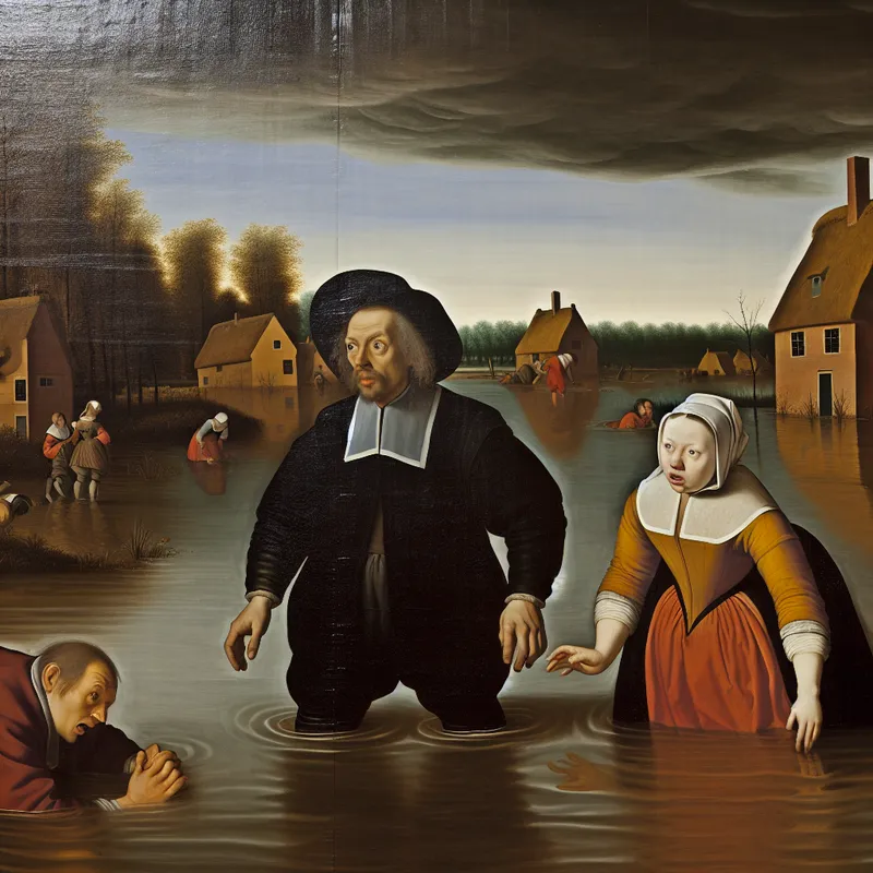 Een dorp dat wordt overspoeld door een overstroming, met inwoners die door het hoge water tot hun middel staan en uitdrukkingen van schok en angst tonen.