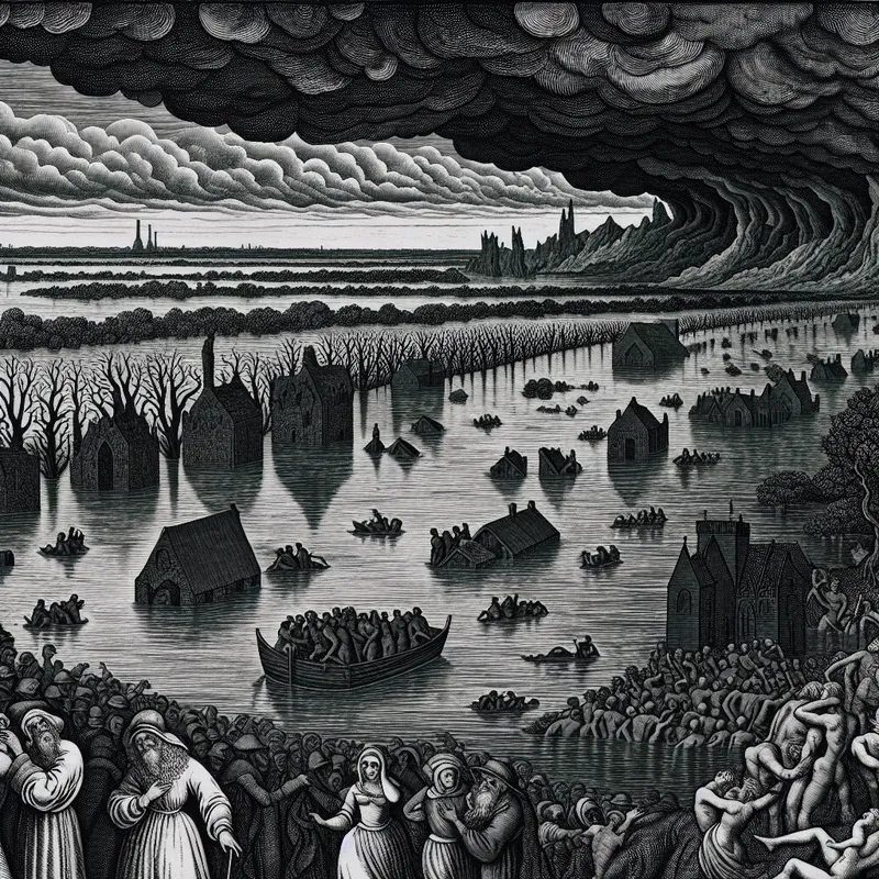 Illustratie van een krachtige overstromingsscenario met mensen die evacueren uit hun ondergelopen huizen en een dramatisch landschap vol water