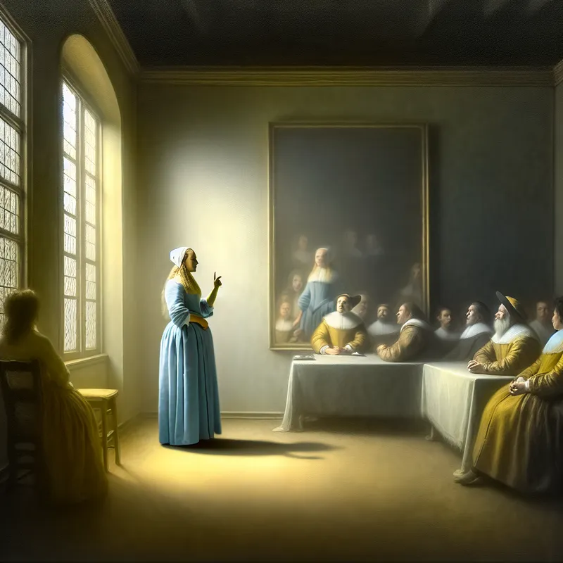 Vrouw houdt een overtuigende toespraak in een sfeervolle kamer met aandachtige toehoorders, Vermeer-stijl