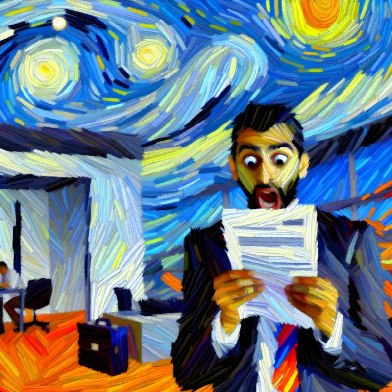Schokkende man in modern kantoor met ontslagbrief, omringd door chaotische Van Gogh-achtige penseelstreken in diepblauw, oranje en wit, die plotselinge emotionele ontreddering uitbeeldt