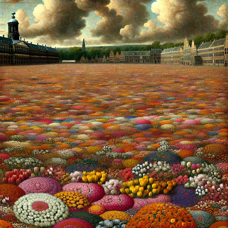 Een weids bloemenveld in een stadskern, geschilderd in de stijl van Jacob van Ruisdael, symboliserend overvloed en emotionele diepgang