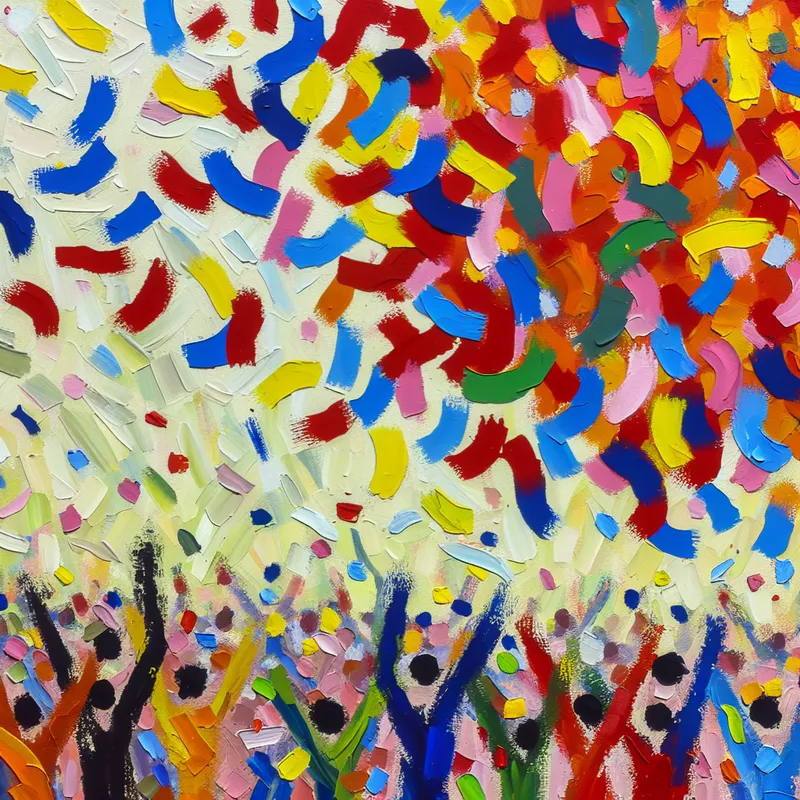 Abstracte voorstelling van overvloed met kleurrijke confetti die massaal naar beneden valt op een vrolijke menigte in de stijl van Karel Appel