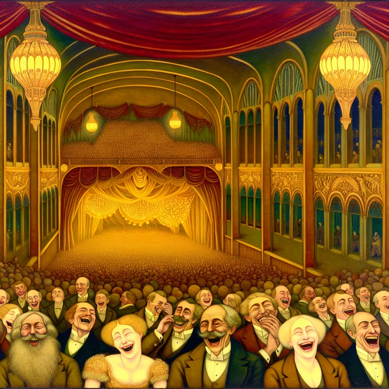 Vrolijke mensen in een nostalgische theaterzaal, waar gelach als gouden golven uit de ruimte stroomt, symbool voor overvloed aan emotie