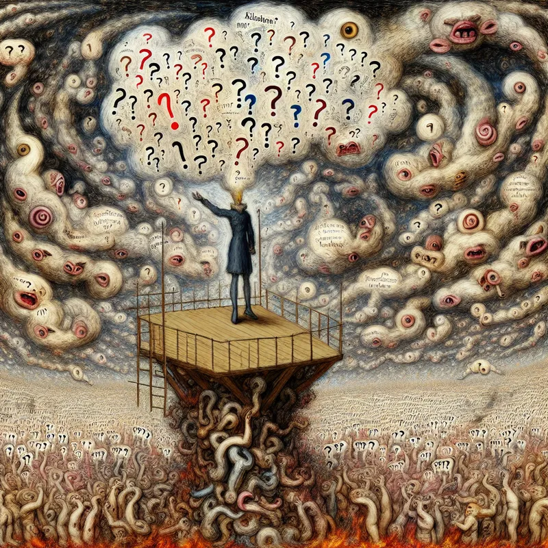 Surrealistisch tafereel van een regen van vragen die een centrale figuur overweldigt, in de stijl van Hieronymus Bosch