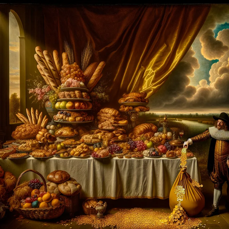 17e-eeuws Hollands landschap met een weelderig banket en een rijke koopman die een overvolle geldbuidel vasthoudt, symbool voor extreme overvloed en rijkdom