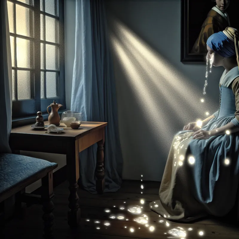 Vrouw in 17e-eeuwse Nederlandse kleding met een overvloedige stroom tranen die als een rivier over tafel en vloer vloeit, symboliserend een figuurlijke 'overvloedige stroom' van emotie