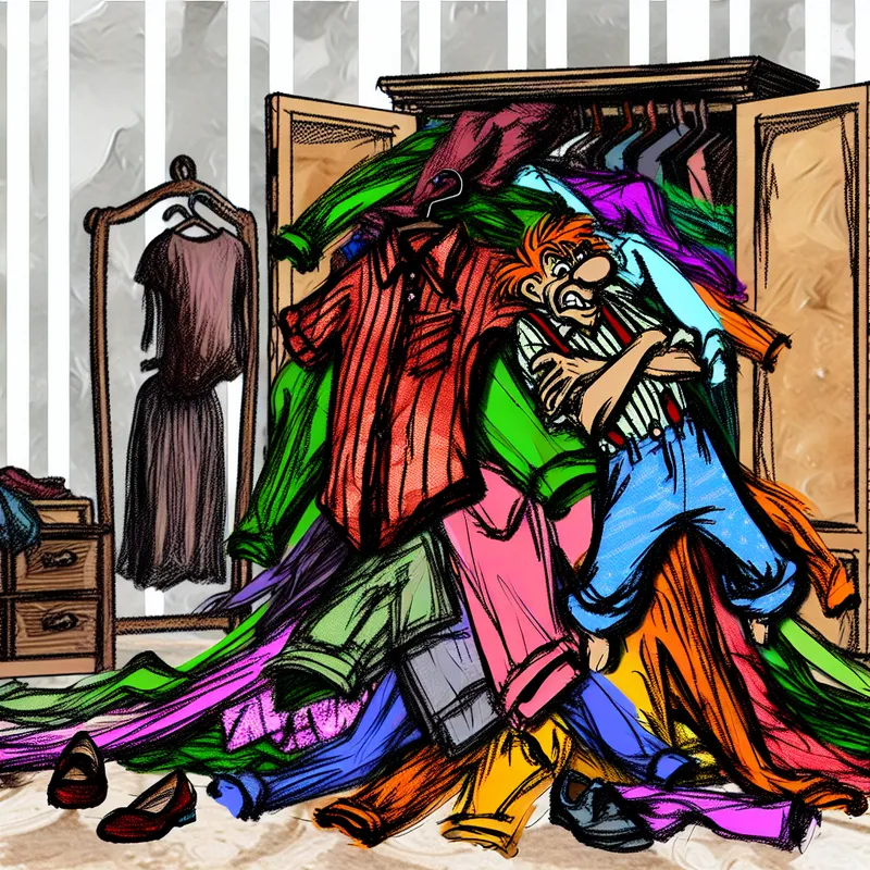Cartoonkast die uitpuilt met kleding en schoenen, illustratie van onvoldoende plek of ruimte