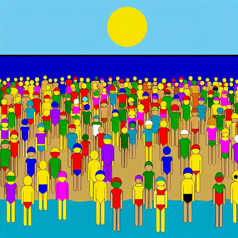 Minimalistische illustratie van een overvolle strandscène met veel identieke figuurtjes in felle kleuren, die overvloed en grote hoeveelheden uitbeelden