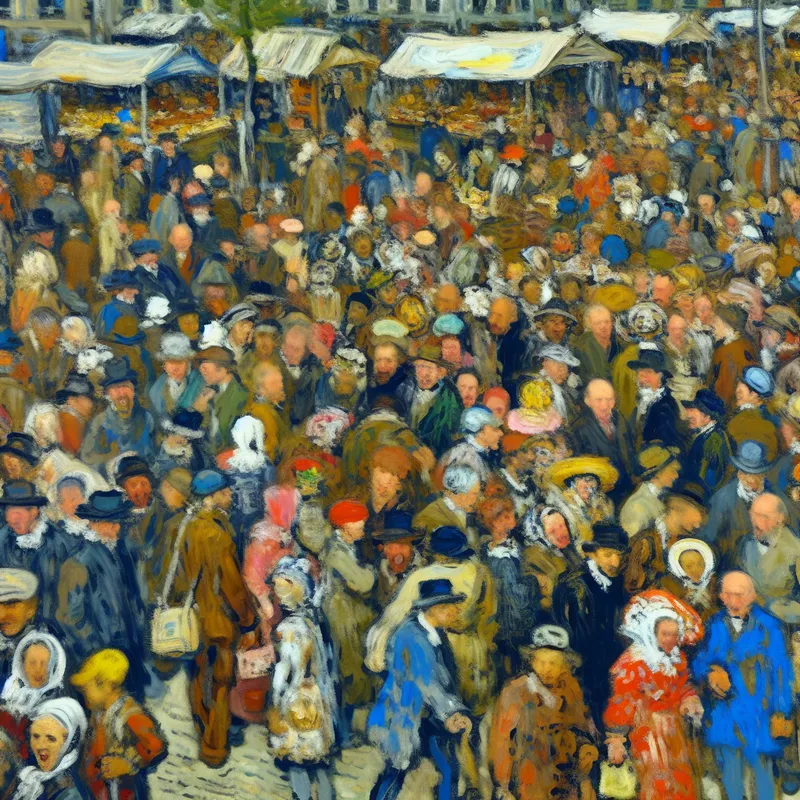 Levendige buitenmarkt vol toeristen, geschilderd in de stijl van Frans Hals met spontane penseelstreken en een chaotische, overvolle sfeer