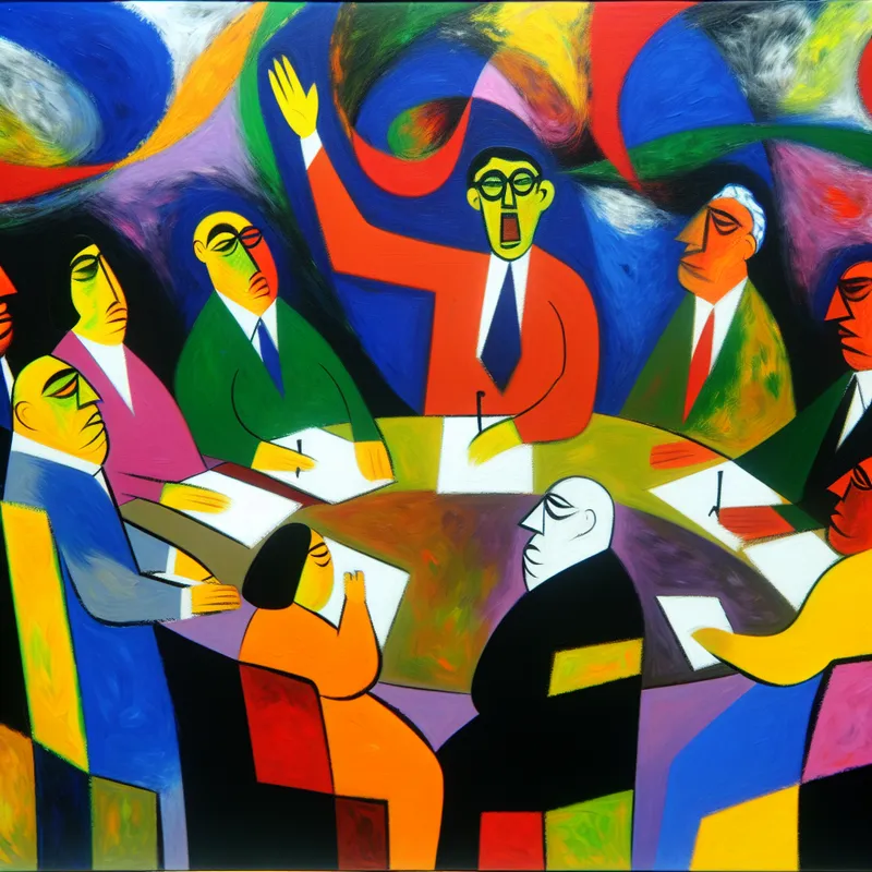 Abstract schilderij van een formele commissievergadering met expressieve figuren die overleggen, geïnspireerd op Karel Appel, ter illustratie van het woord 'overwegen'